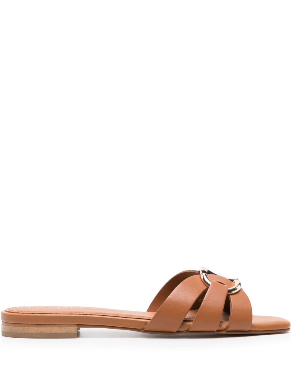 Twinset Oval T-plaque Leather Slides In Brown