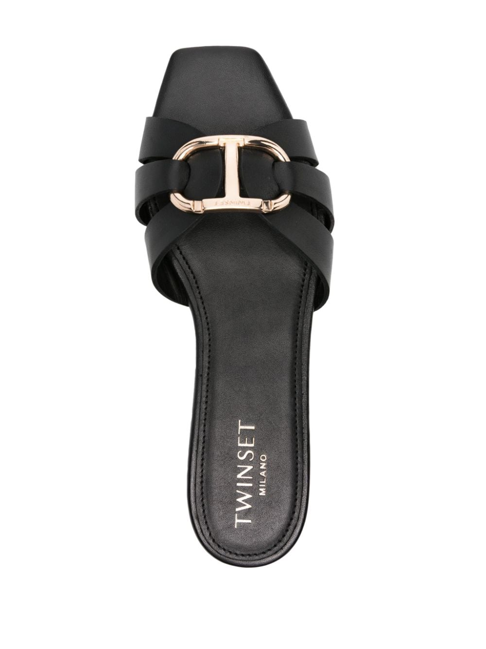 Shop Twinset Oval T-plaque Leather Slides In Black