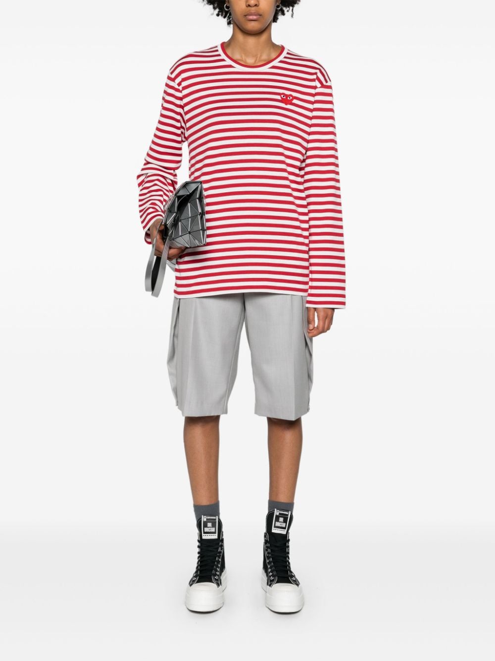 Shop Comme Des Garçons Play Heart-patch Striped T-shirt In 红色