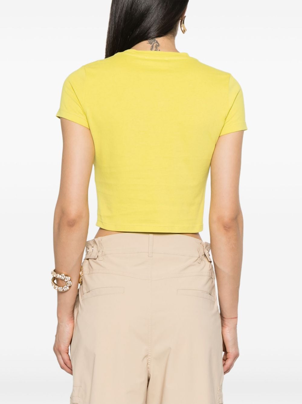 Shop Elisabetta Franchi Gathered Cropped T-shirt In Yellow