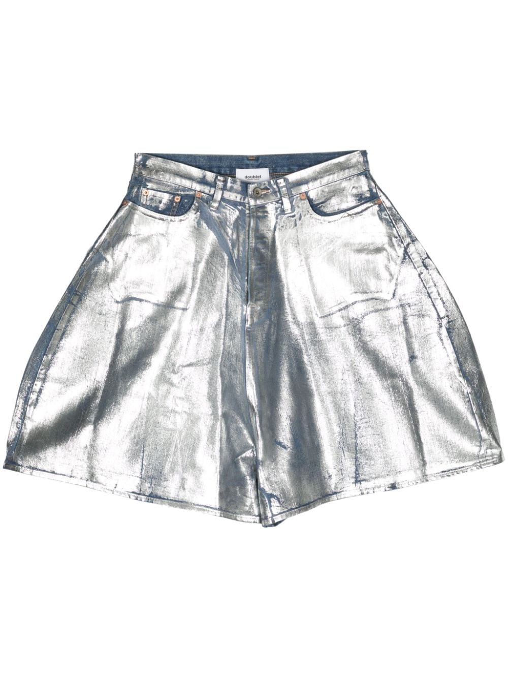 Doublet Metallic-finish Denim Shorts In Silver