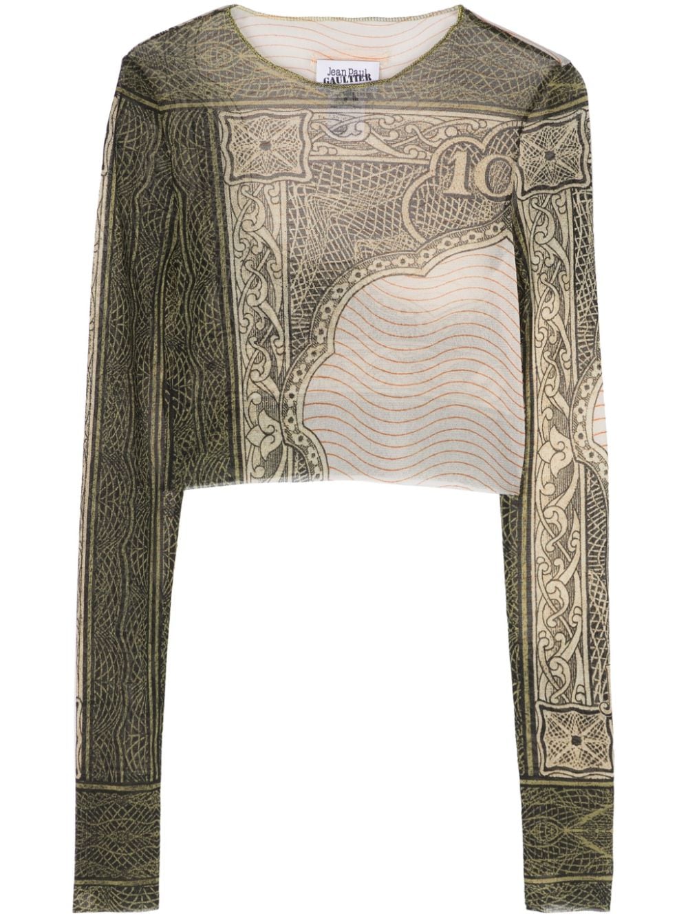 Jean Paul Gaultier cartouche-print cropped tulle T-shirt Beige