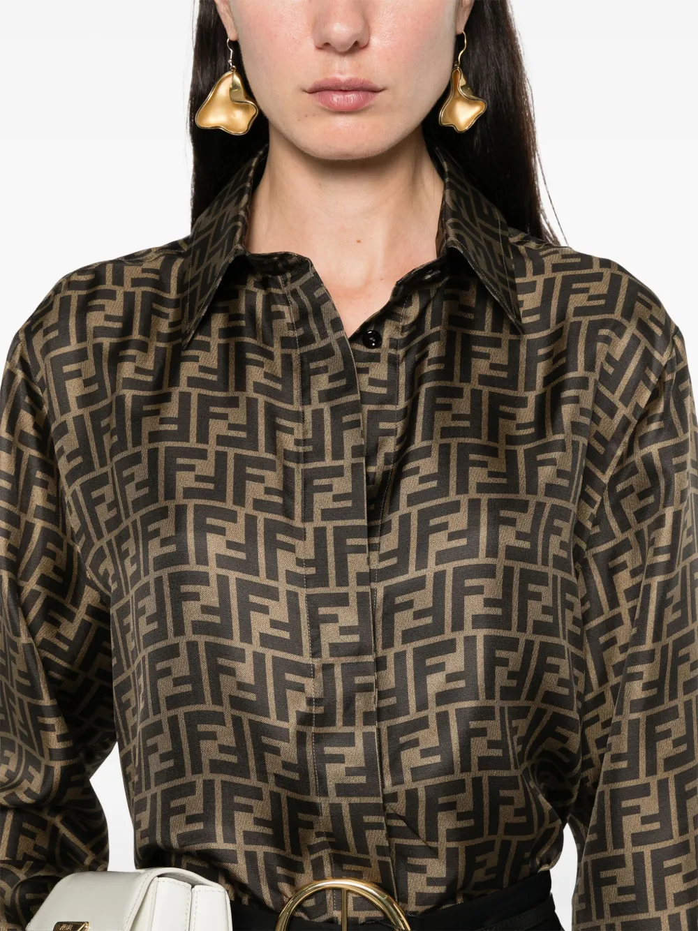 Shop Fendi Ff-logo Print Silk Shirt In 褐色