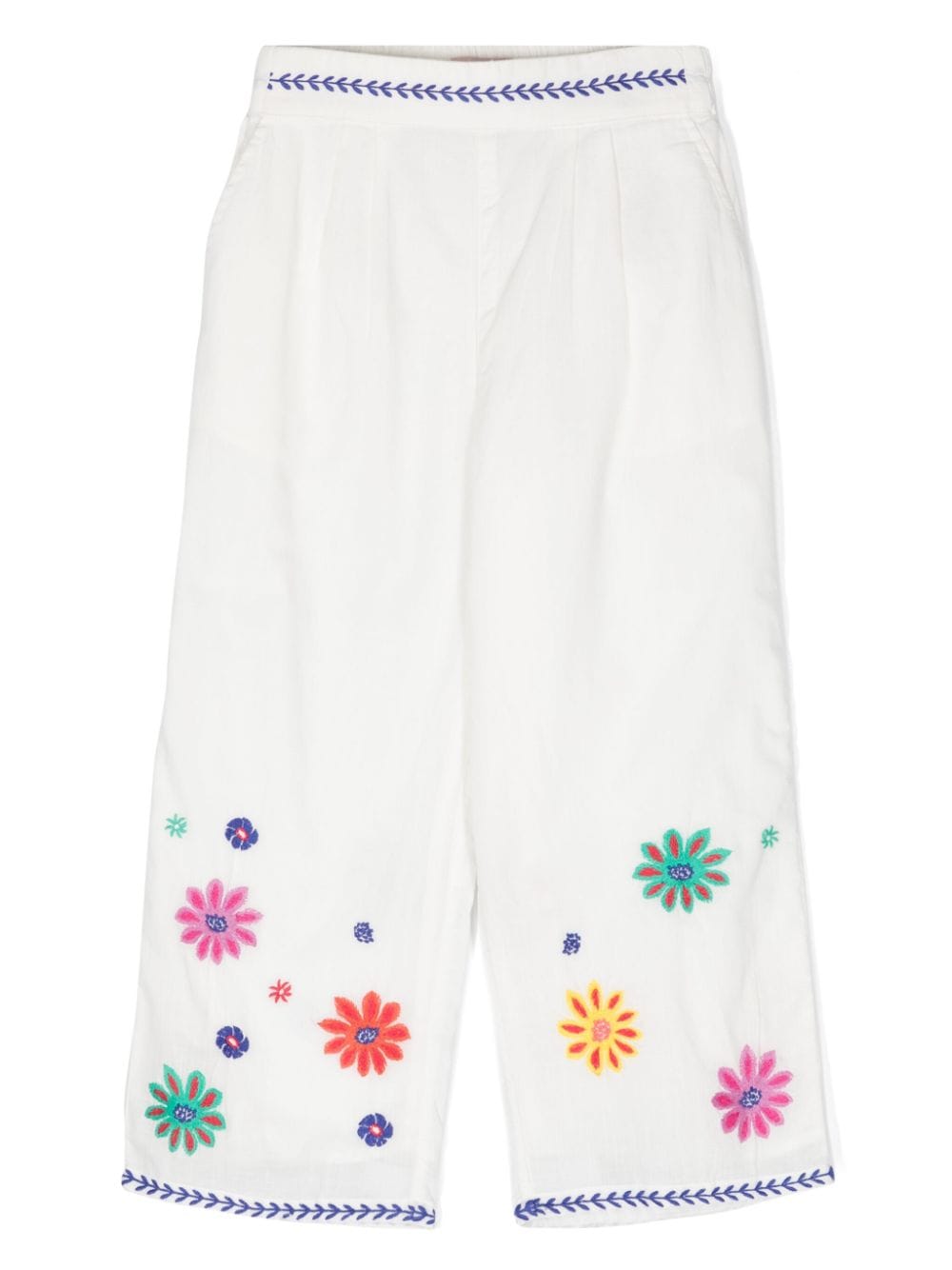 Scotch & Soda Kids' Floral-embroidered Straight Trousers In White