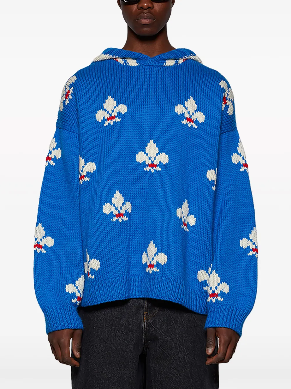 Bode Fleur-de-lis Knitted Hoodie In Blue