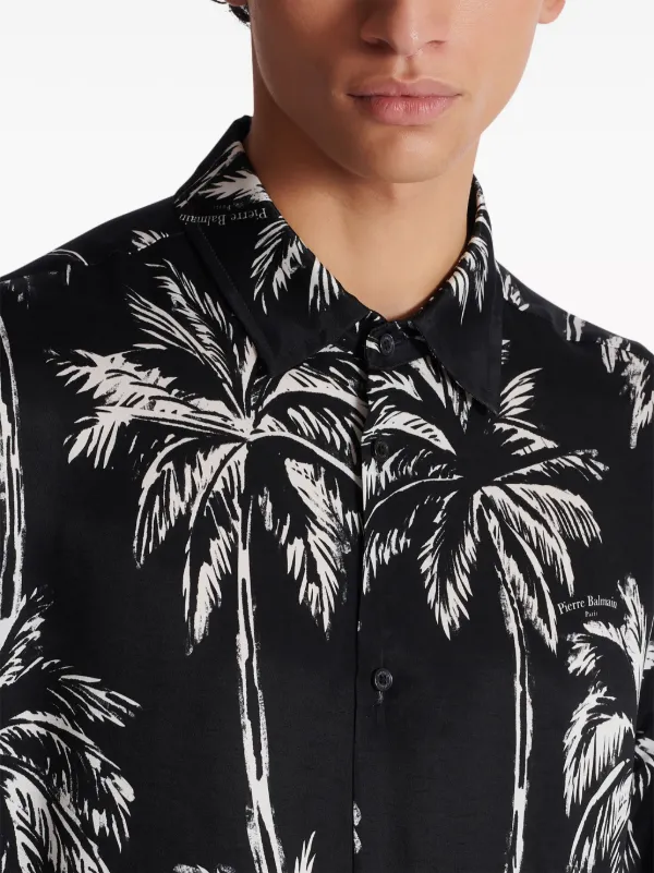 【Balmain】PALM PRINT SATIN SHIRT◆DH1HS184VF43 Balmain Palm tree-print Satin Shirt | Black | FARFETCH
