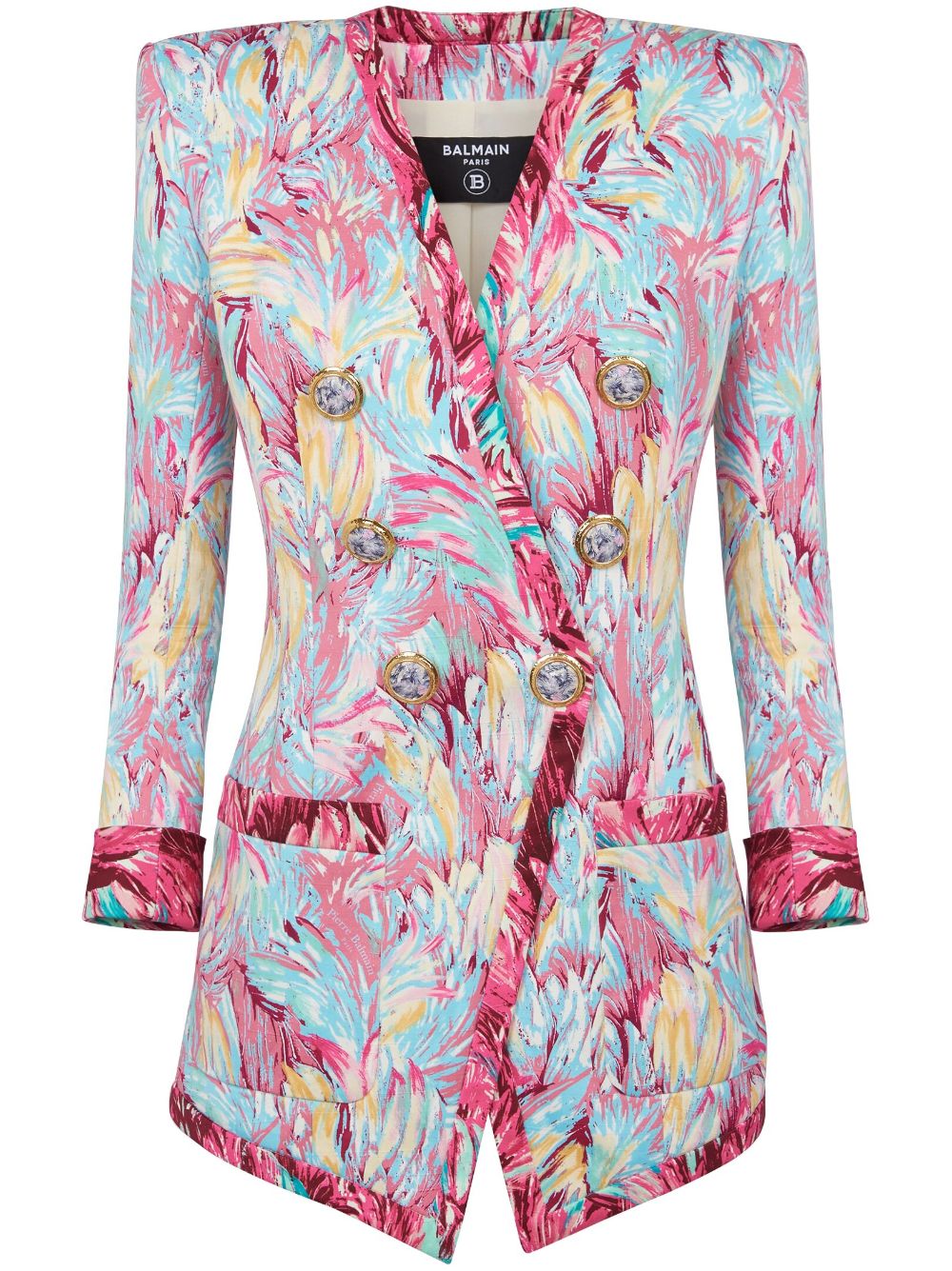 Shop Balmain Feather-print Cotton Blazer In Pink