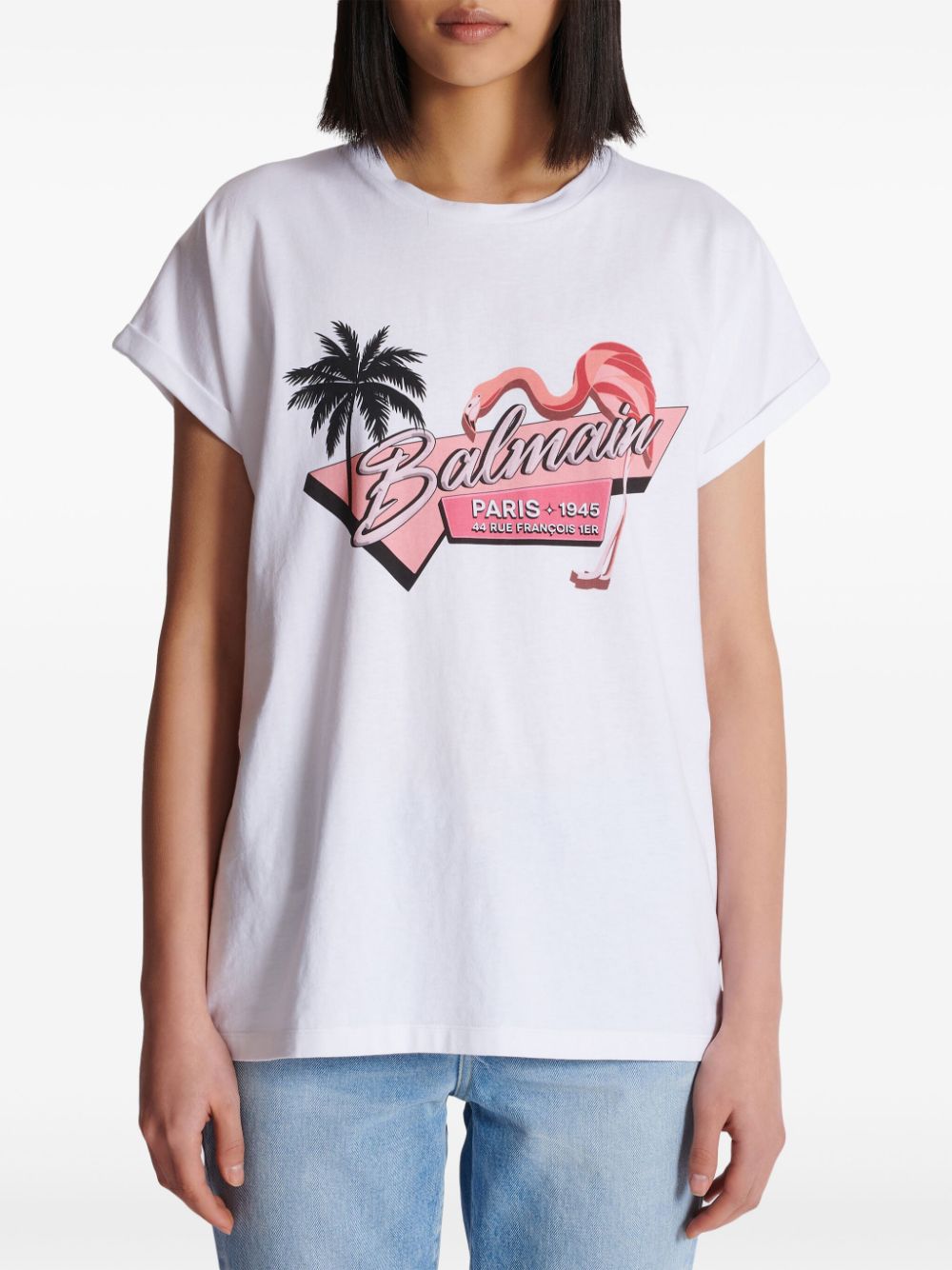 Shop Balmain Flamingo-print Cotton T-shirt In White