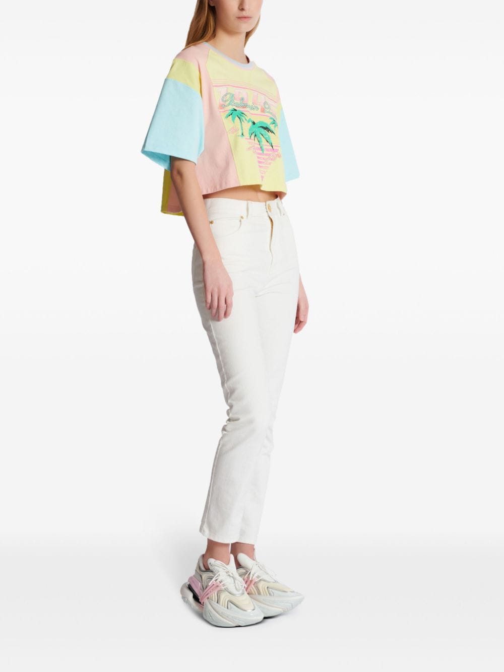 Shop Balmain Palm Tree-print Cropped T-shirt In Yellow