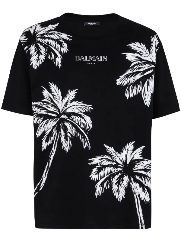 Balmain Palm tree print Cotton T shirt Black FARFETCH