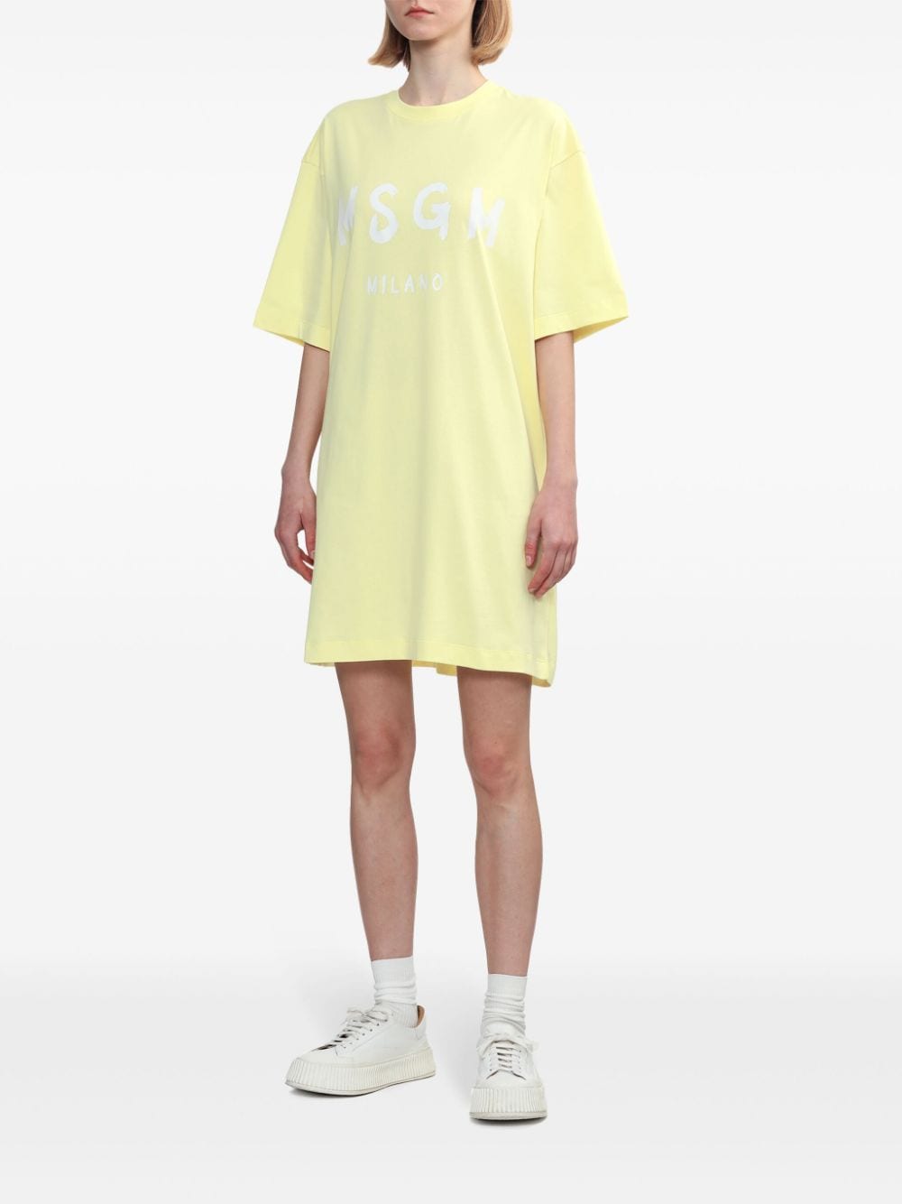 Shop Msgm Logo-print Cotton Dress In Yellow