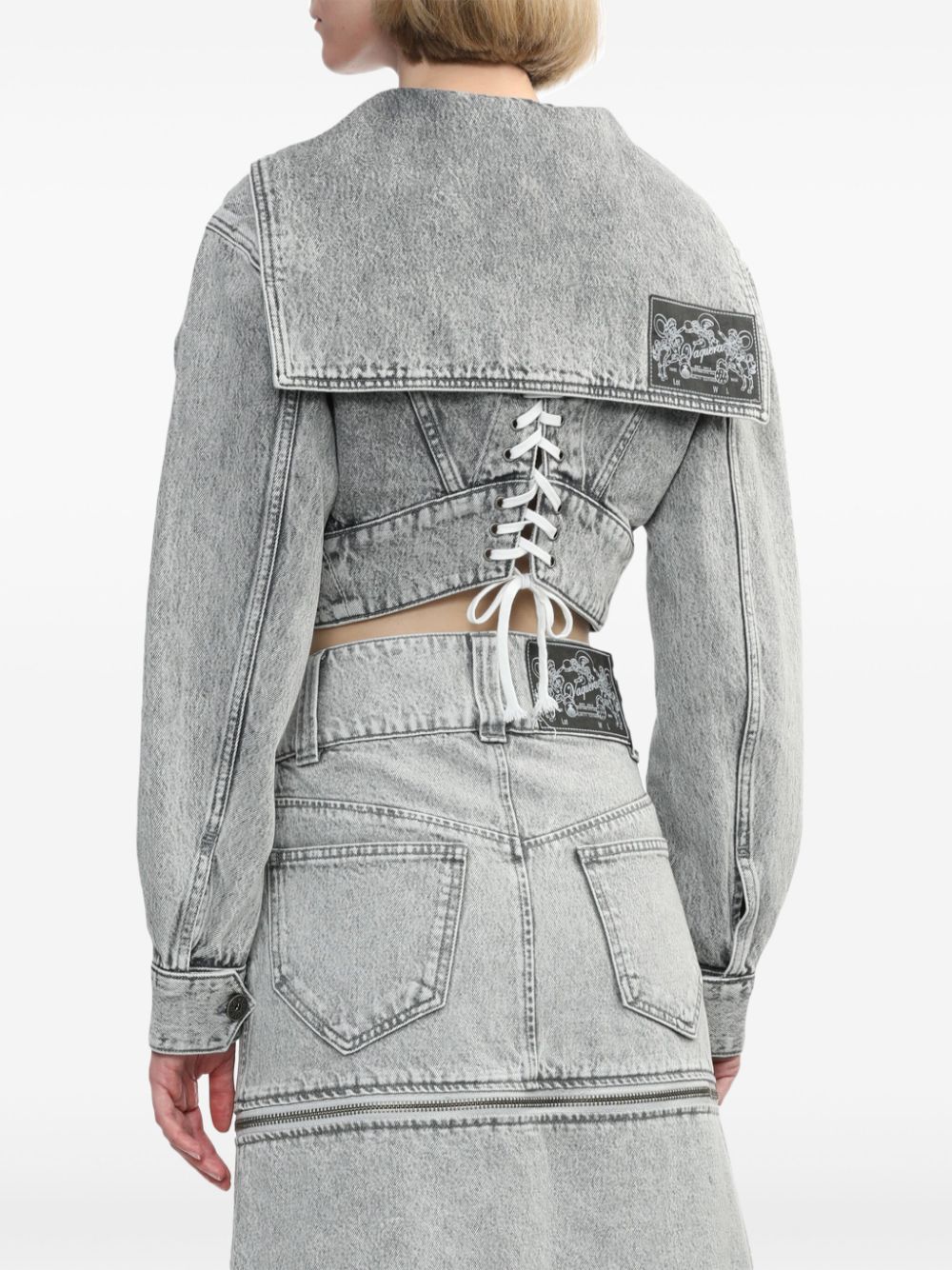 Shop Vaquera Lace-detail Cropped Denim Jacket In Grey