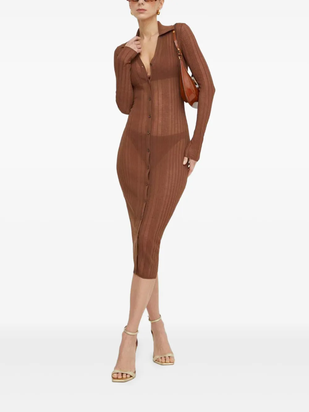 PINKO Geribbelde midi-jurk met knoop - Bruin