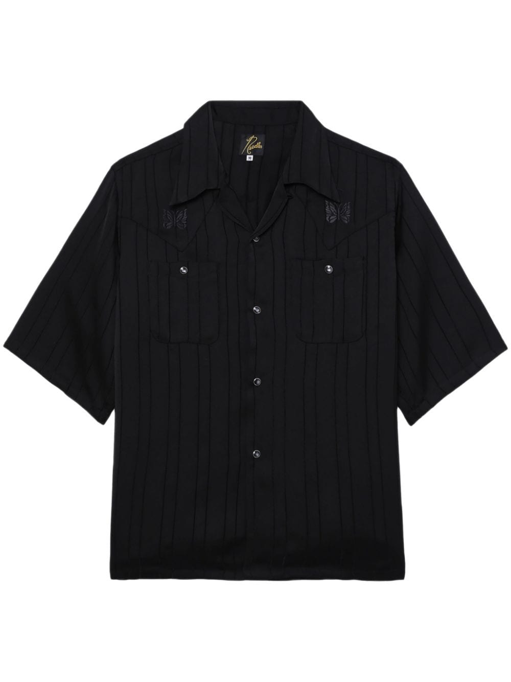 Needles Camp-collar Logo-embroidered Striped Georgette Western Shirt In Black