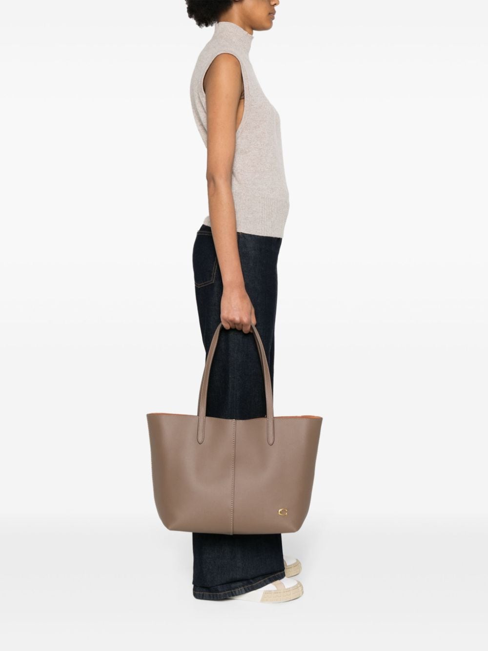Shop Coach Logo-charm Tote Bag In Brown
