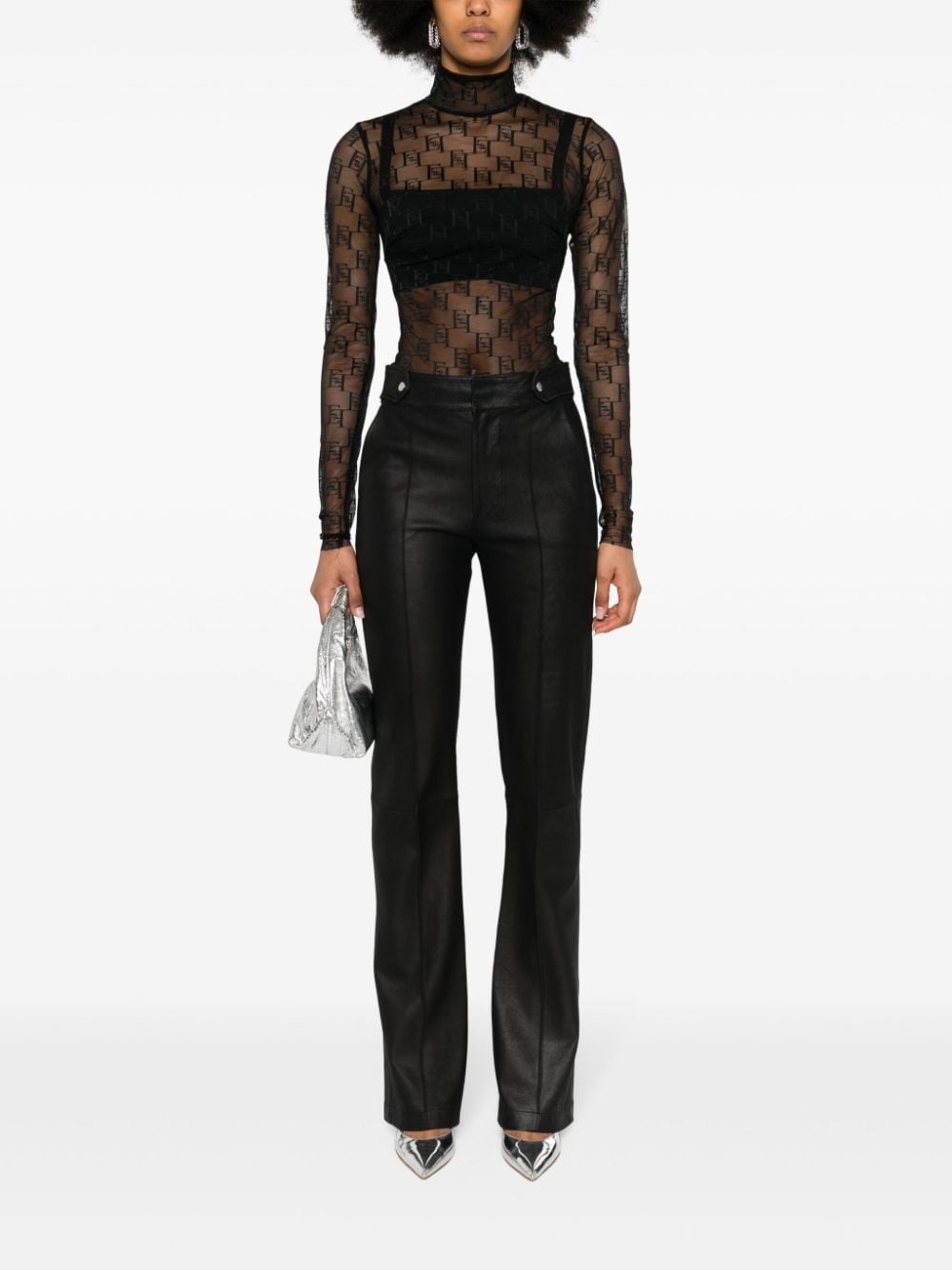 Shop Elisabetta Franchi Logo-print Semi-sheer Bodysuit In Black