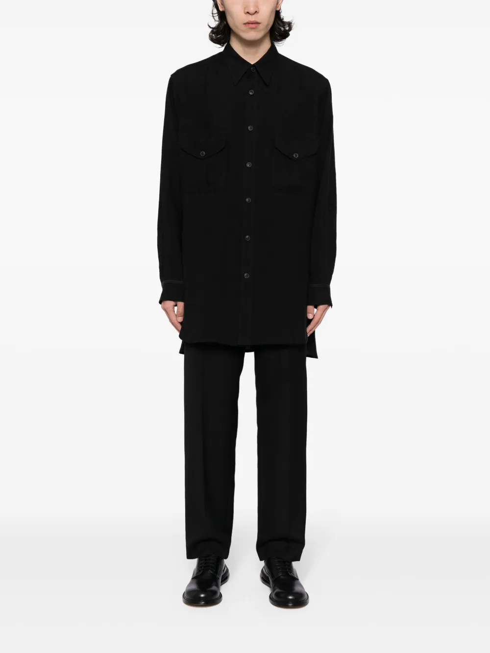 Yohji Yamamoto asymmetric-neck linen shirt - Zwart