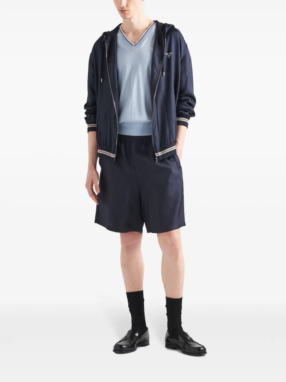 Prada Zijden jack met logoprint en capuchon - Blauw