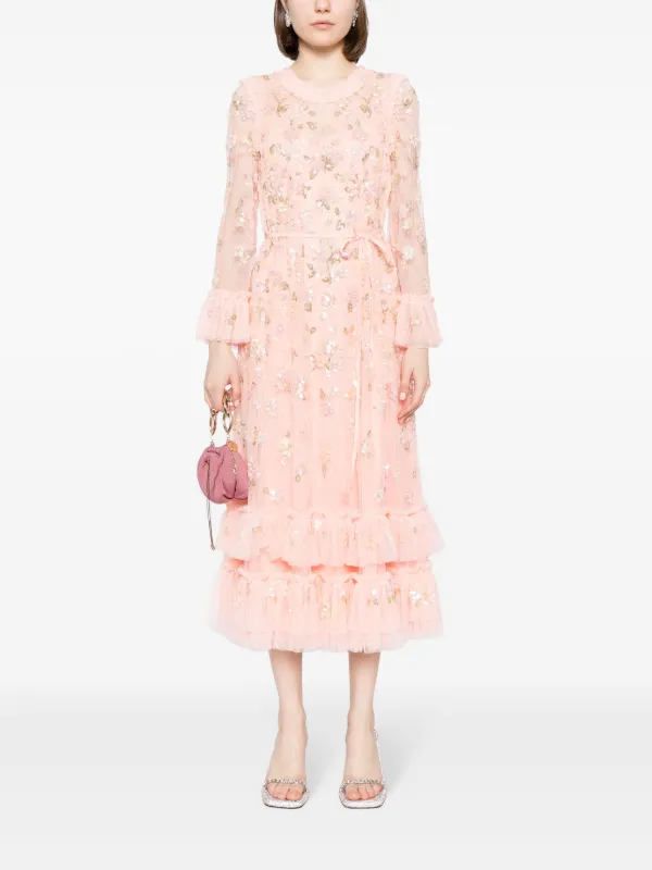 ワンピース NEEDLE & THREAD Tulle long dress with all-over sequins Rosa Needle & Thread Sequin Bloom Tulle Midi Dress | Pink | FARFETCH