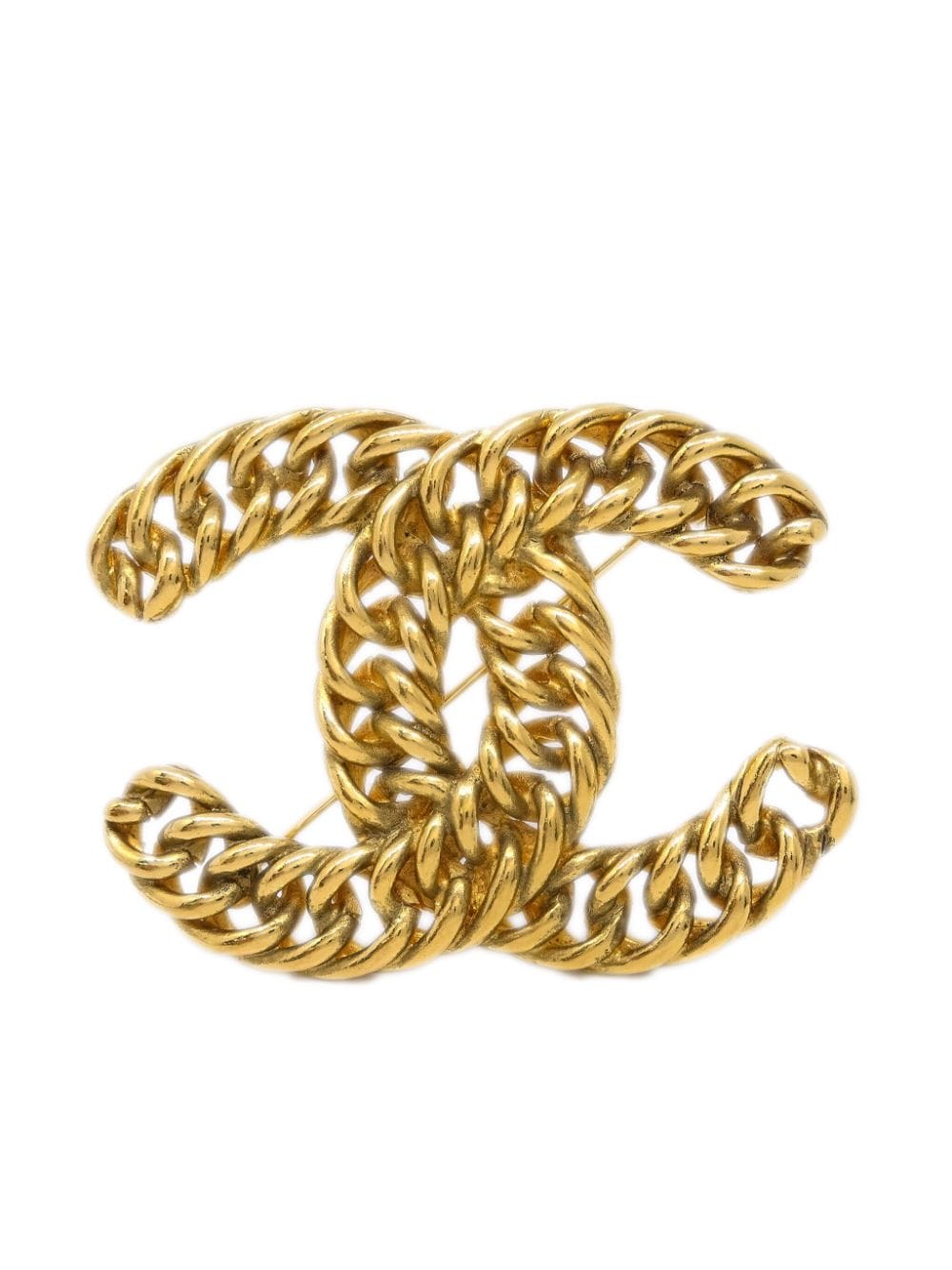 Pre-owned Chanel 1980-1990 Curb Chain Cc-logo Brooch In Gold