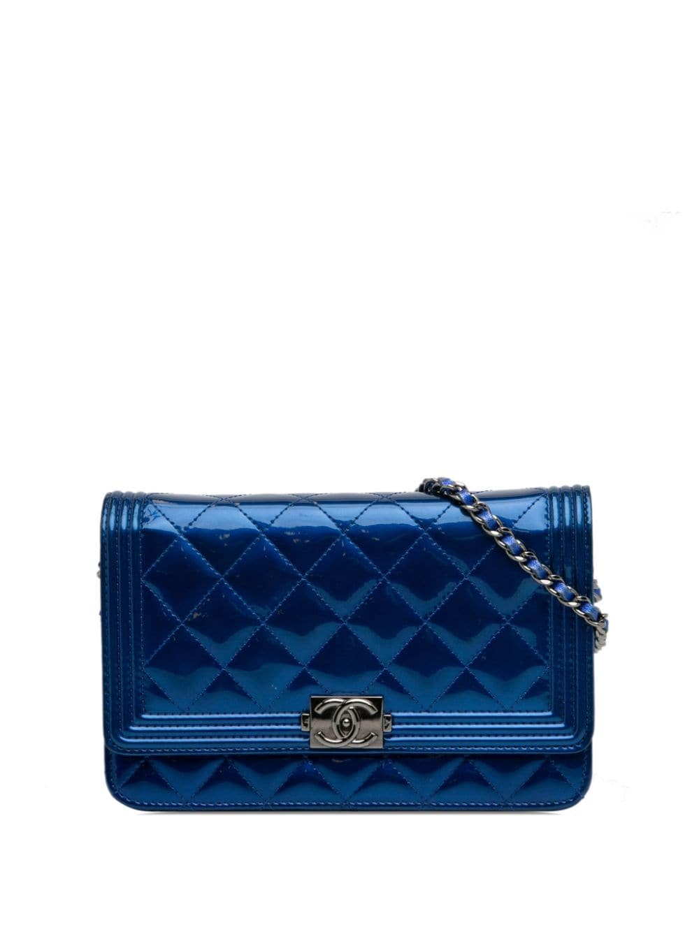 Pre-owned Chanel 2014   Patent Boy Wallet On Chain Crossbody Bag In Blue