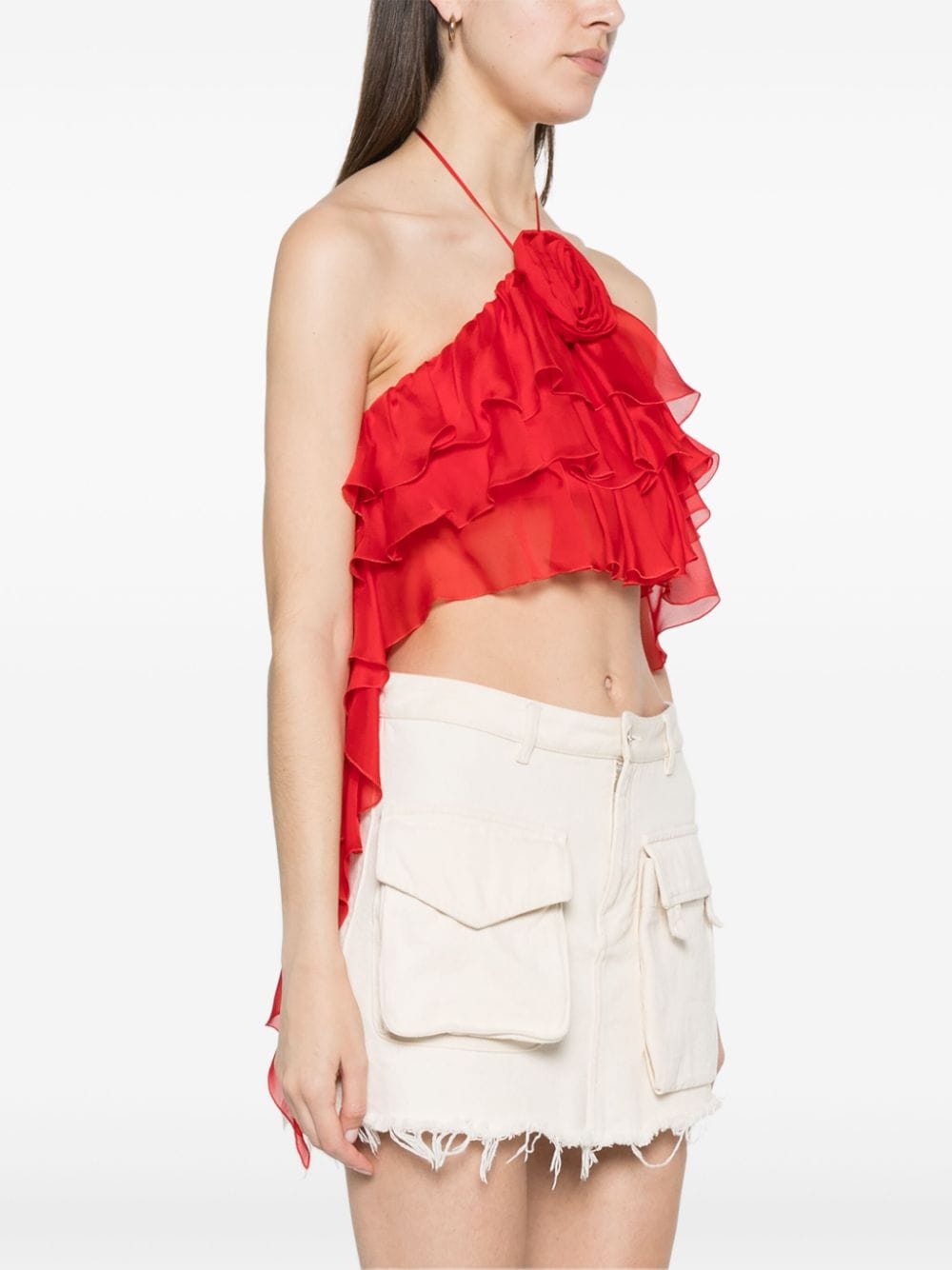 Shop Blumarine Sash-detail Ruffled Crop Top In Red