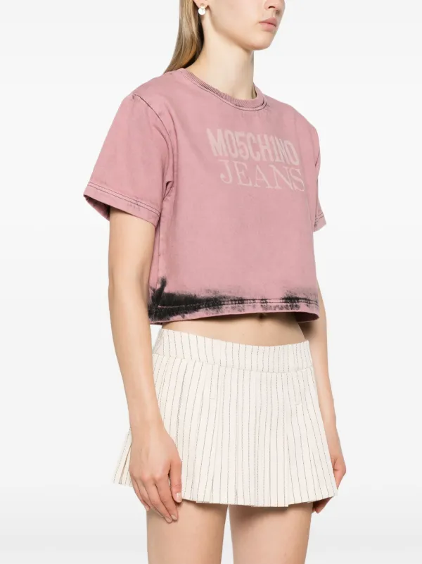 MOSCHINO JEANS logo-print Denim Crop Top | Pink | FARFETCH