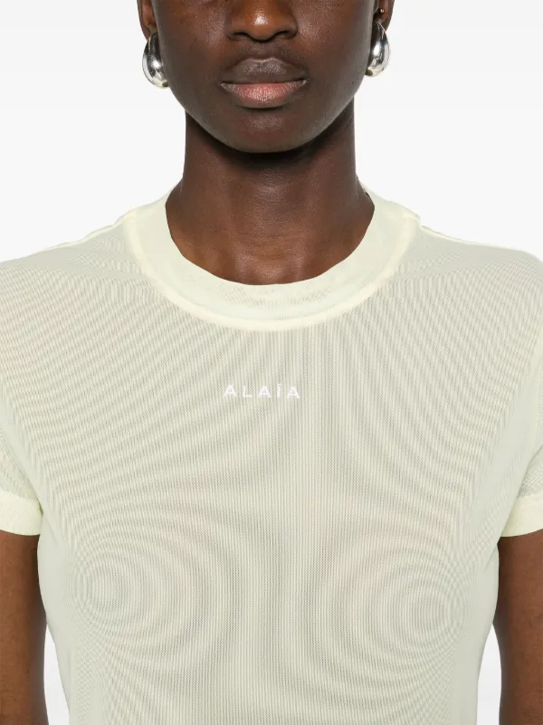 Alaïa logo-embroidered Mesh T-shirt | Yellow | FARFETCH Alaïa logo-embroidered Mesh T-shirt | Yellow | FARFETCH