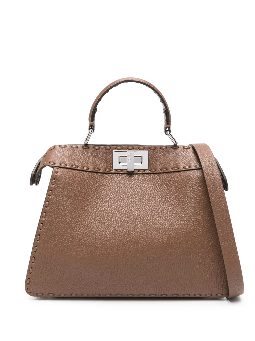 Fendi Small Peekaboo Leather Tote Bag In Brown