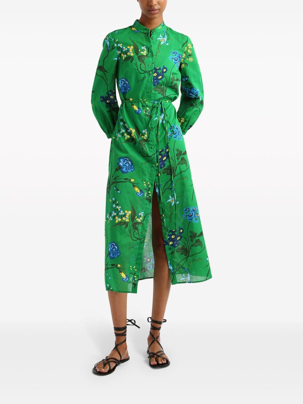 Shop Erdem Floral-print Belted Midi Dress In Green