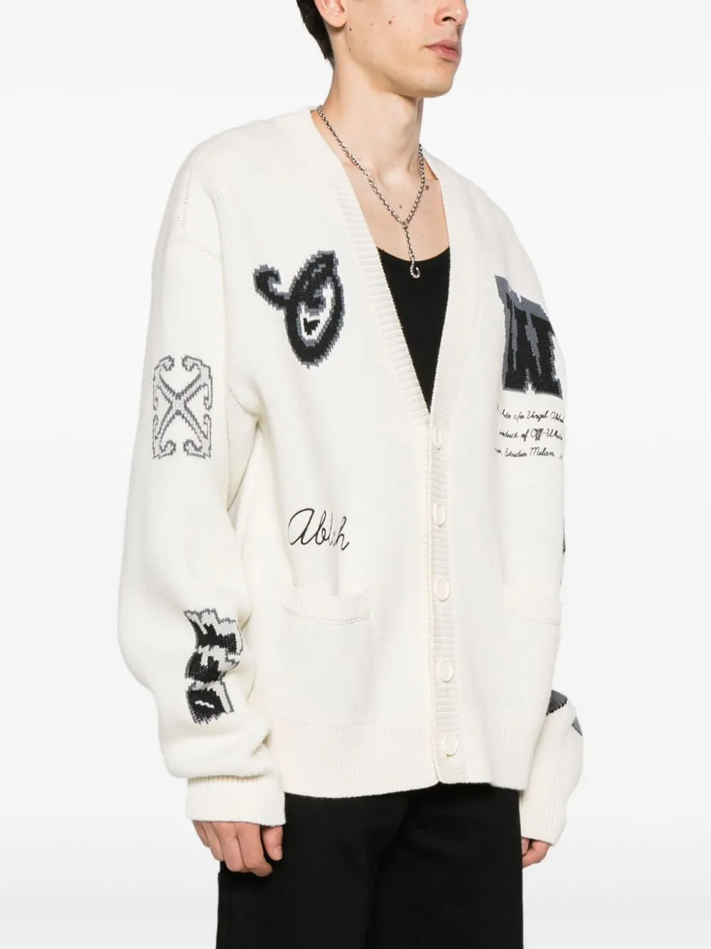 Shop Off-white Varsity Ribbed V-neck Cardigan In 6110 Cream Black