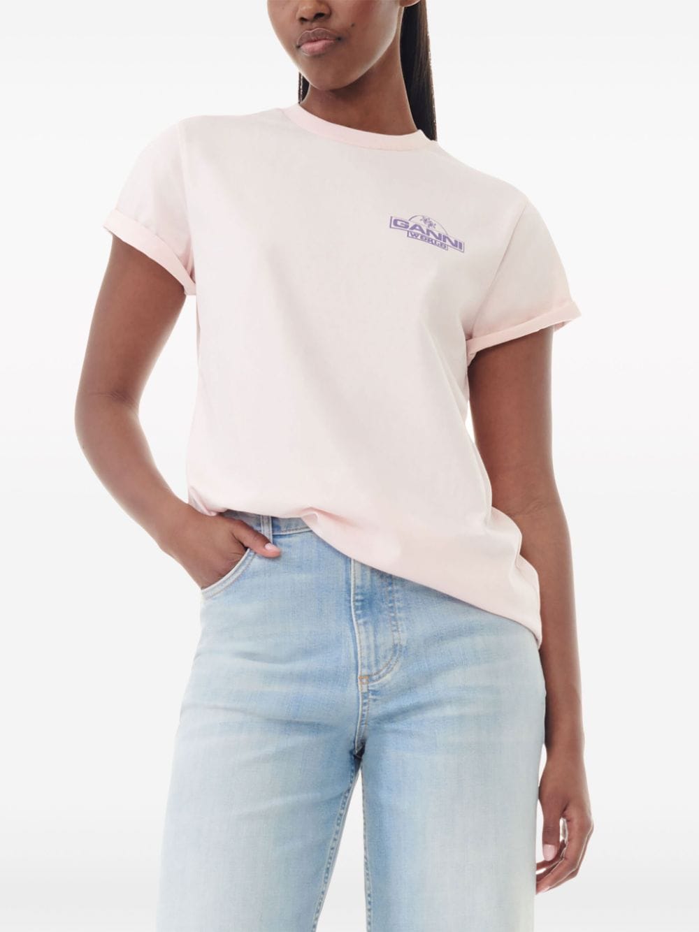 Shop Ganni Logo-print Cotton T-shirt In Rosa