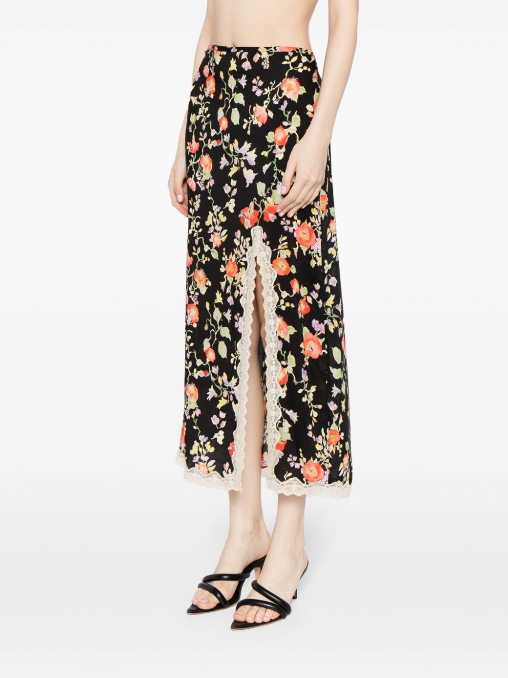 Shop Rixo London Sibella Floral-print Midi Skirt In Black
