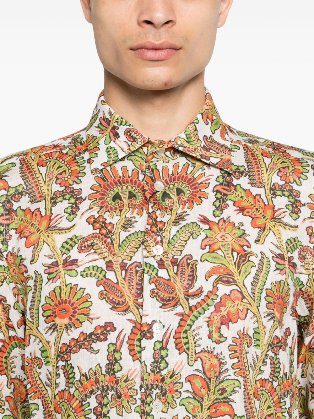 Shop Etro Floral-print Linen Shirt In Weiss