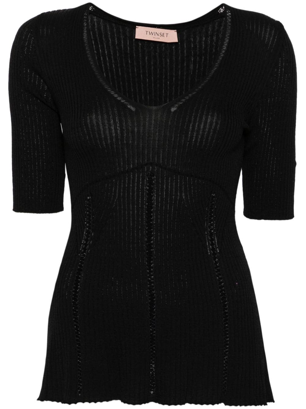 Twinset V-neck Ribbed-knit Top In Black