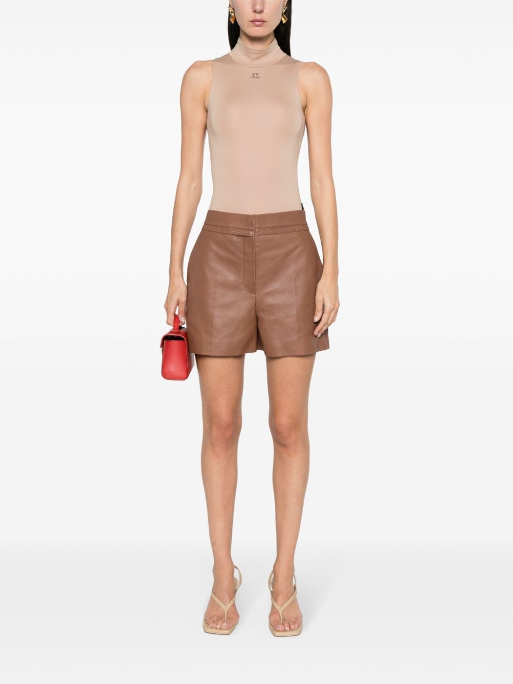 Shop Fendi Selleria-stitching Leather Shorts In Brown