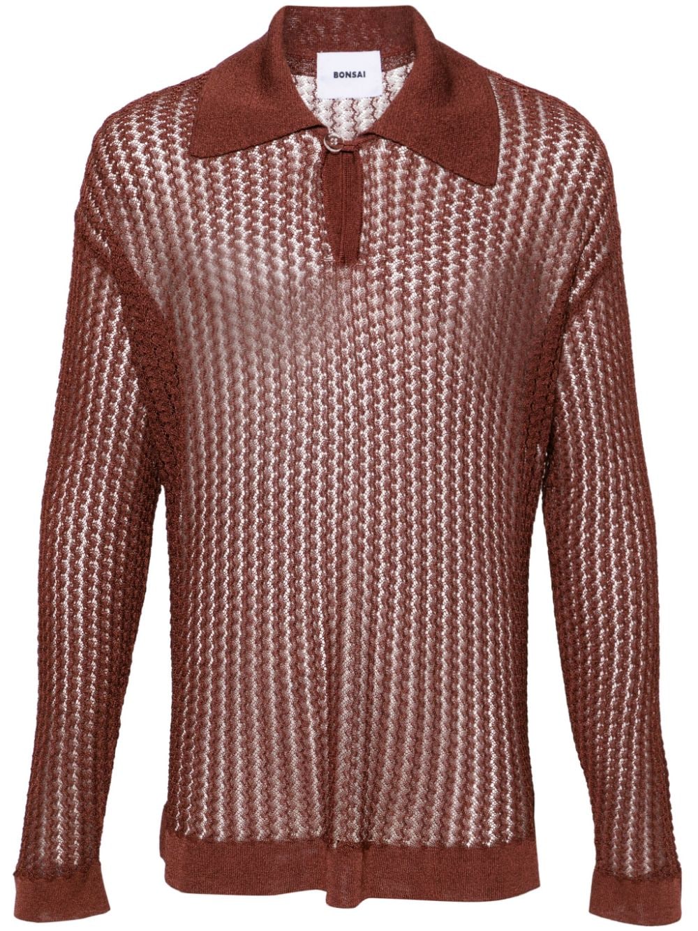 Shop Bonsai Long-sleeve Open-knit Polo Shirt In Brown
