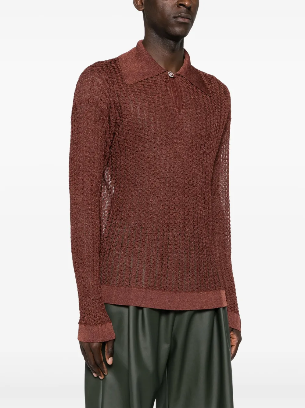 Bonsai Oversize Viscose & Nylon Knit L/s Polo In Brown