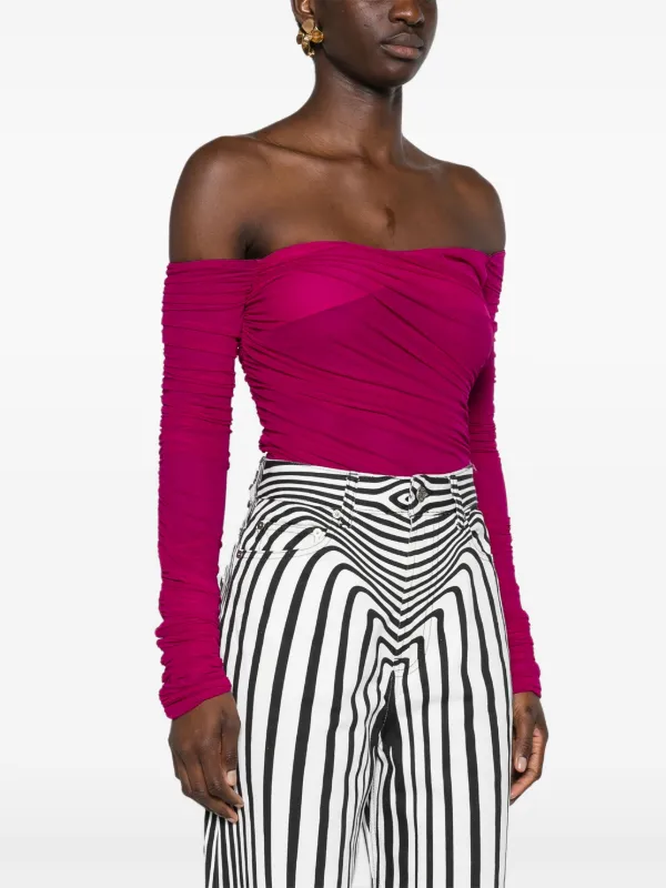 Mugler off-shoulder Ruched Bodysuit Pink FARFETCH GE