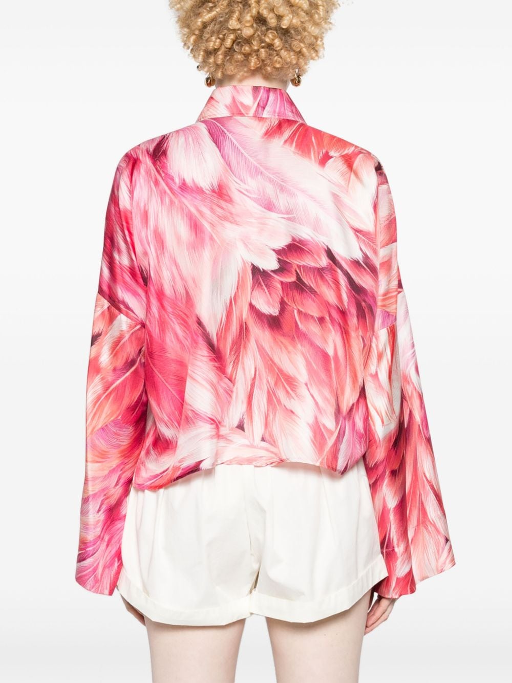 Shop Roberto Cavalli Feather-print Cropped Shirt In 粉色