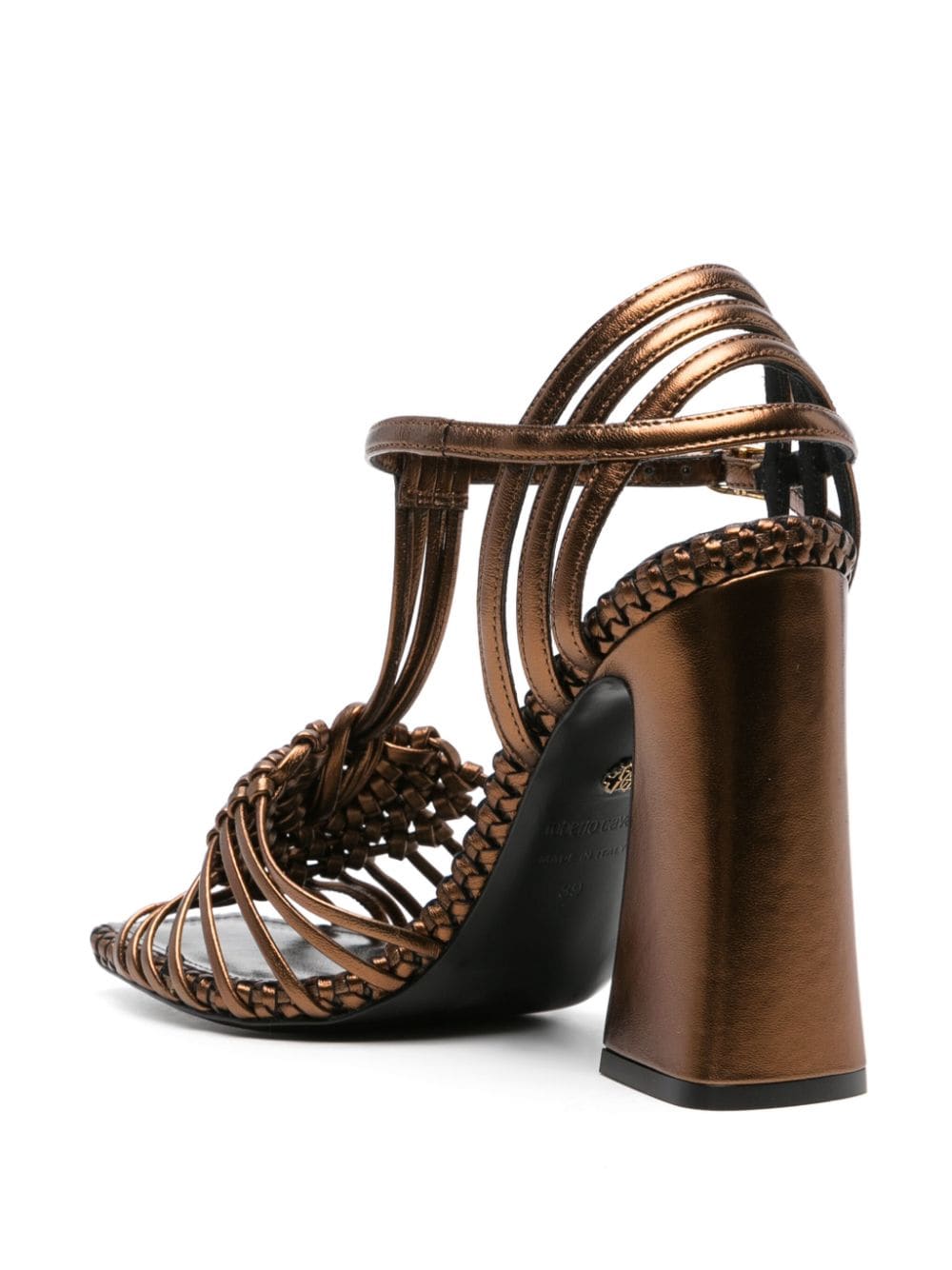 Shop Roberto Cavalli Interwoven-straps Leather Sandals In Gold