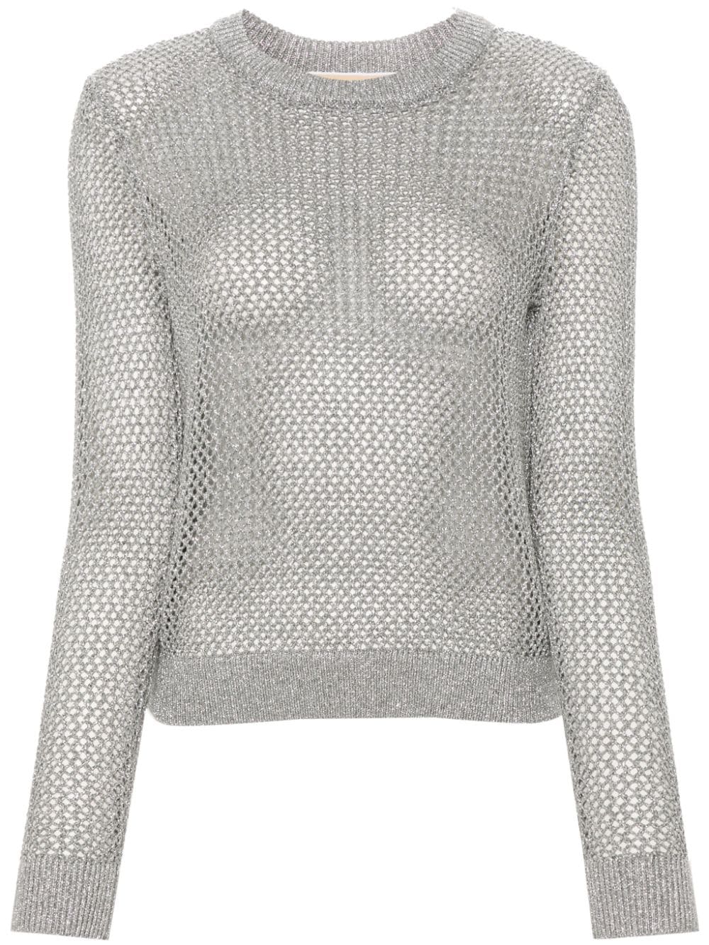 metallic-threading open-knit jumper