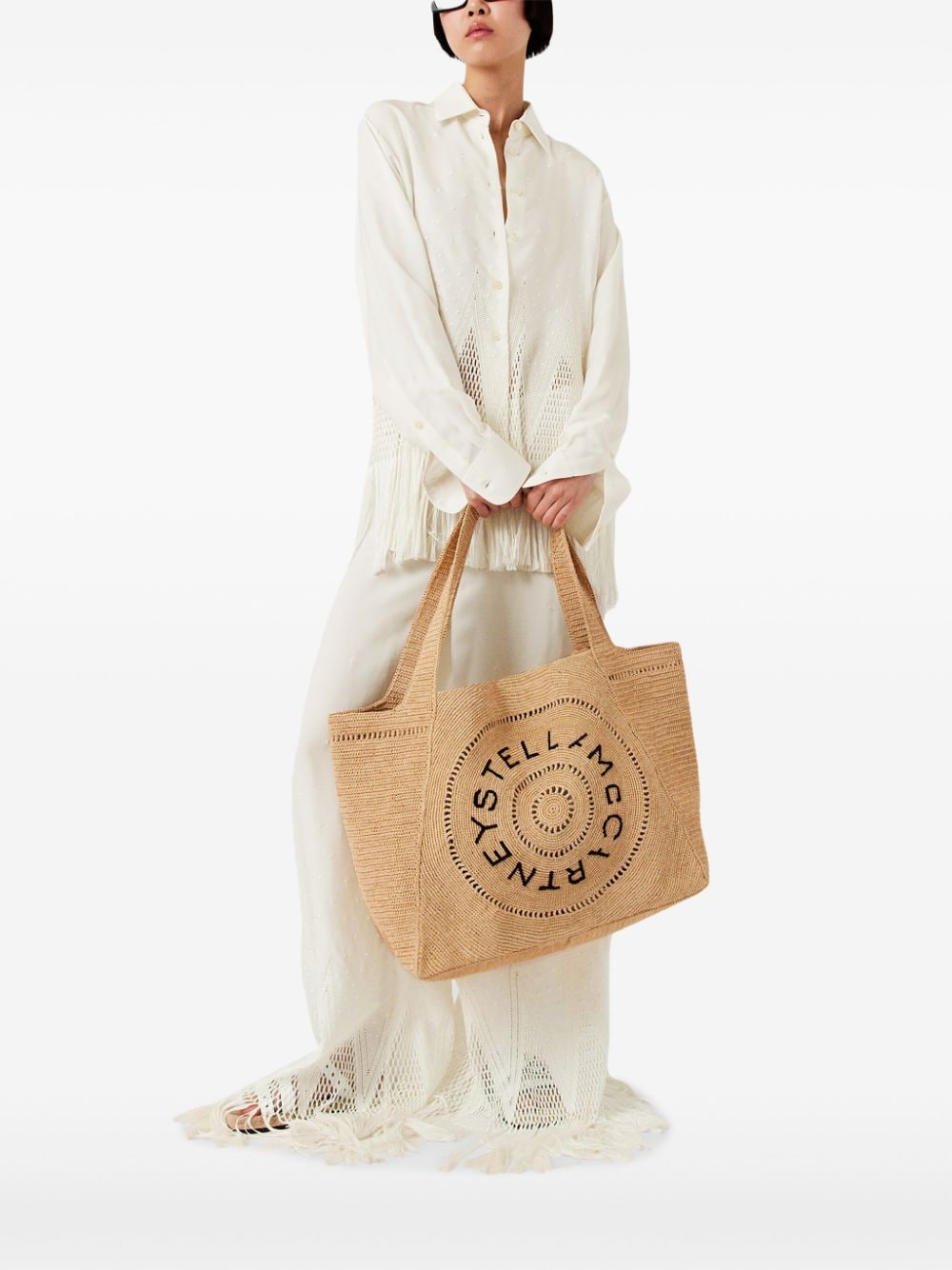 Stella McCartney embroidered-logo raffia tote bag - Beige