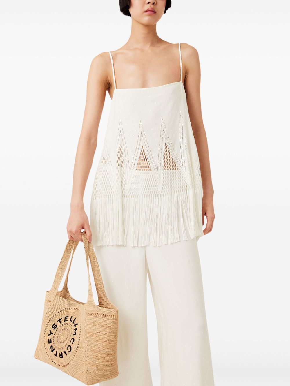 Stella McCartney embroidered-logo raffia tote bag Women