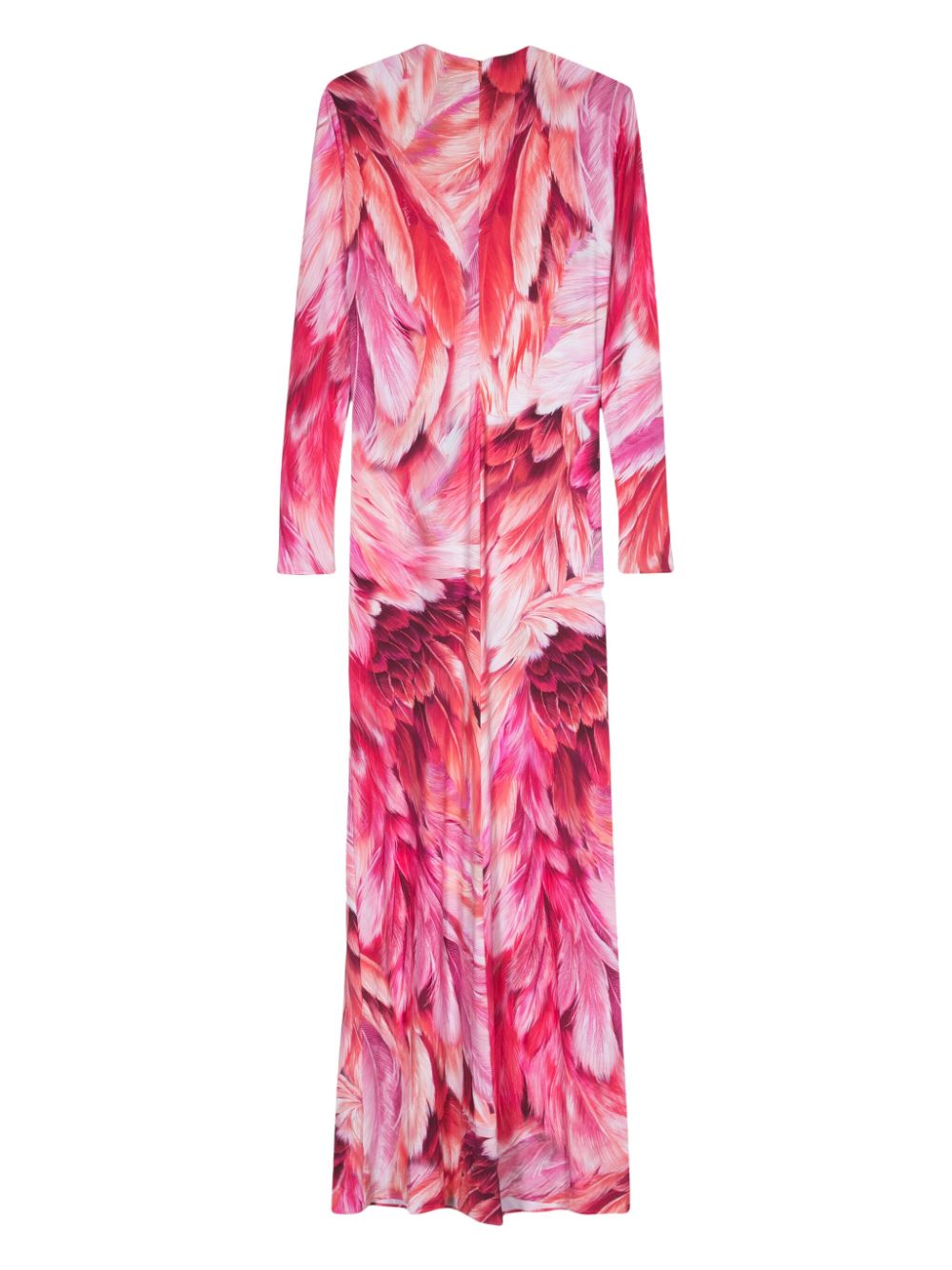 Shop Roberto Cavalli Feather-print Ruched Maxi Dress In Pink