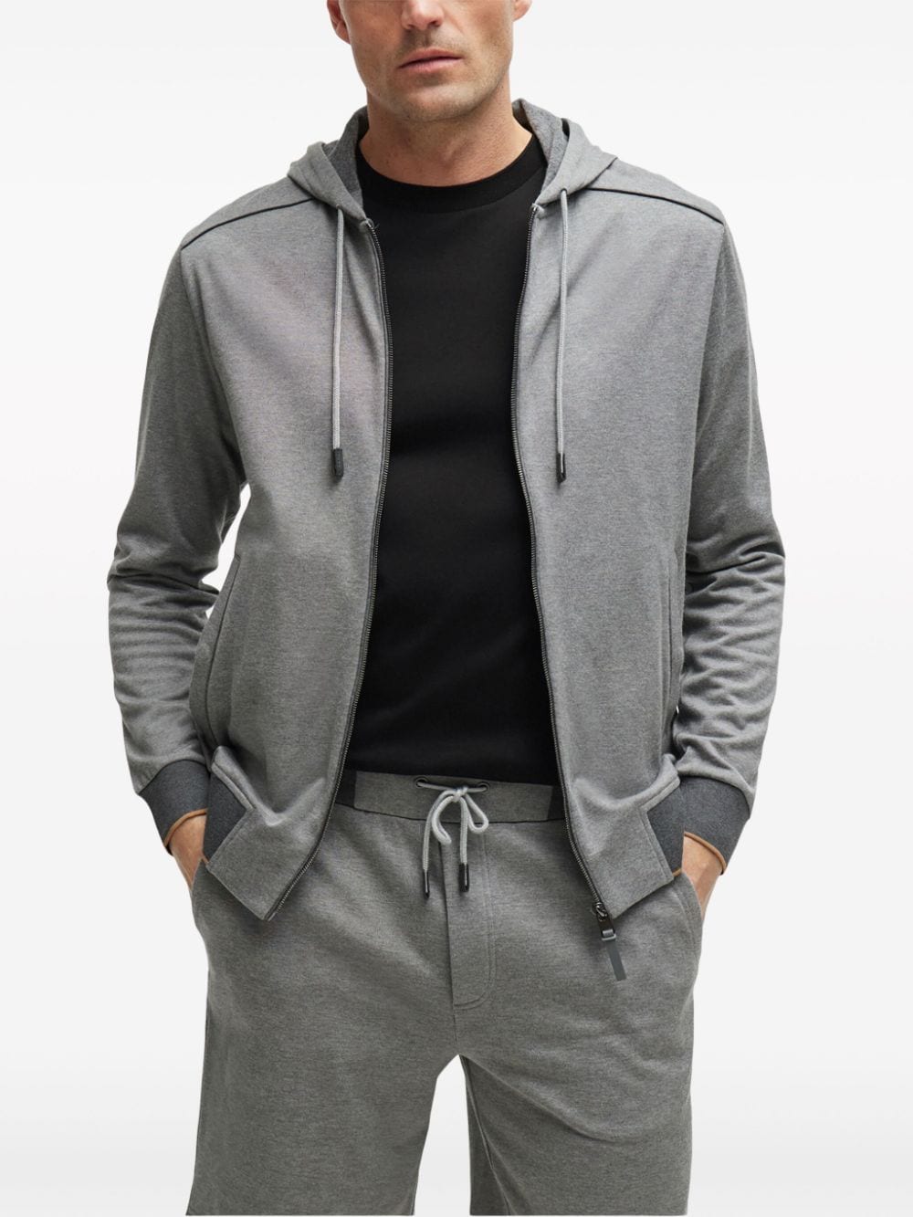 Shop Hugo Boss Panelled Drawstring Cotton Hoodie In Grey