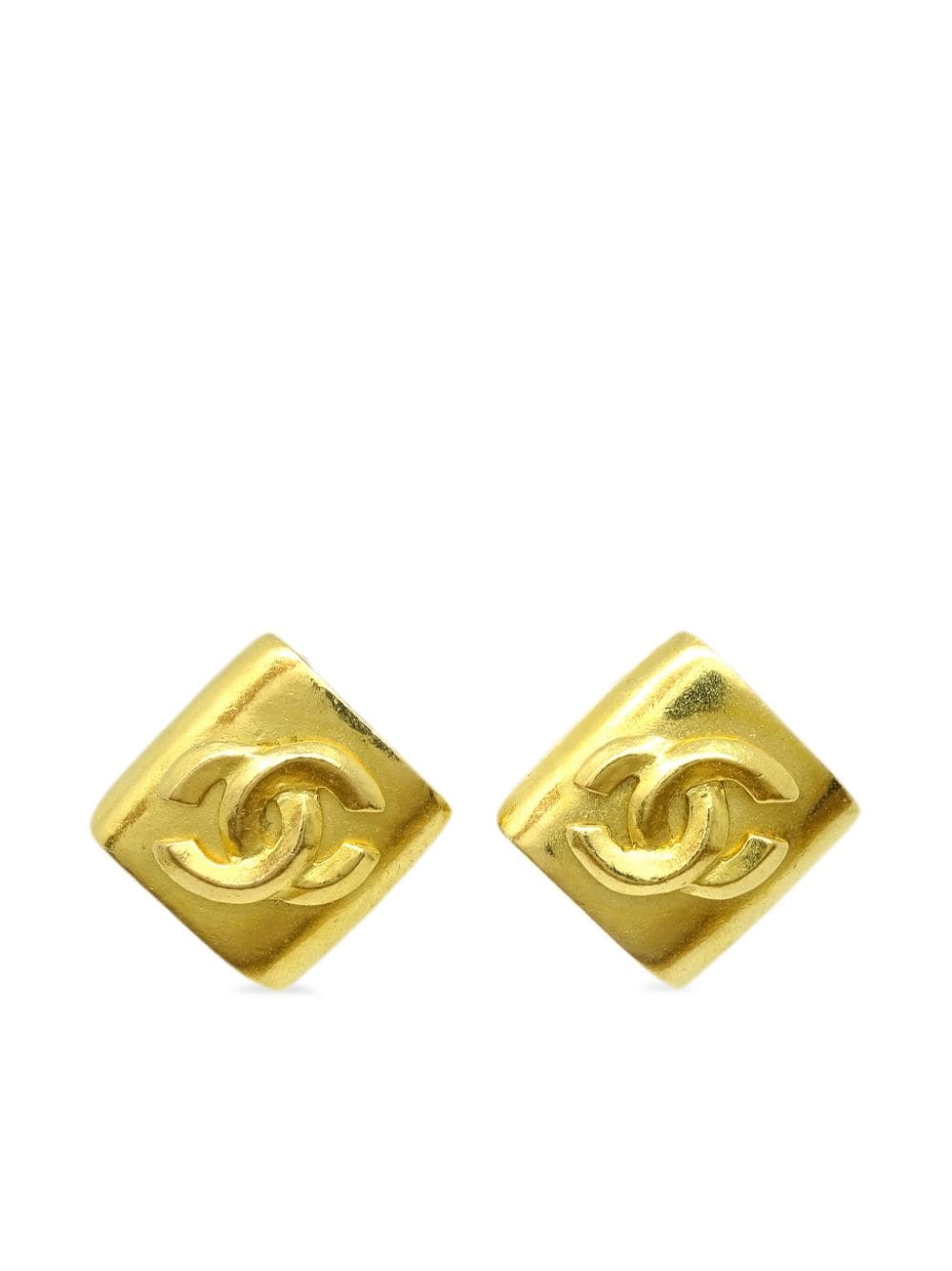 Pre-owned Chanel 1996 Cc-embossed Rhombus Clip-on Earrings In Gold