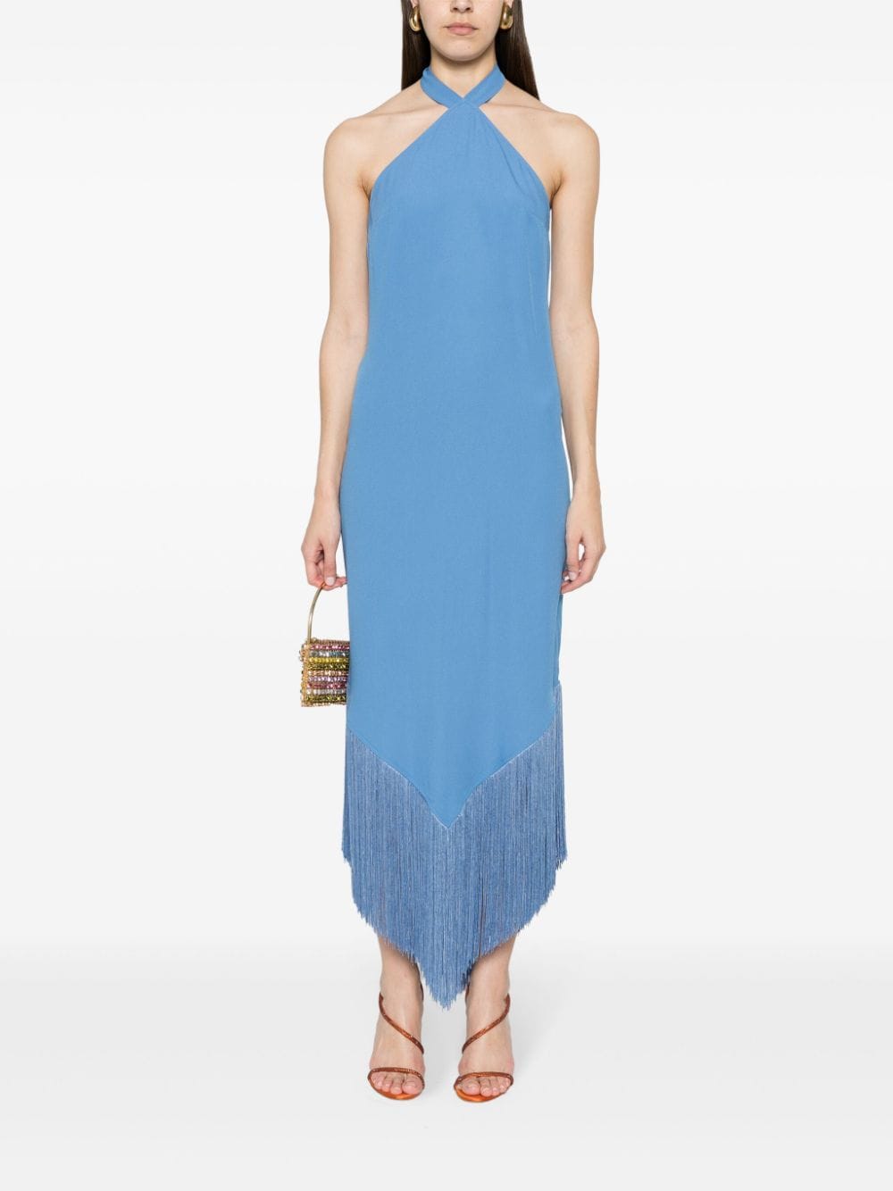 Shop Taller Marmo Halterneck Fringed Maxi Dress In Blue