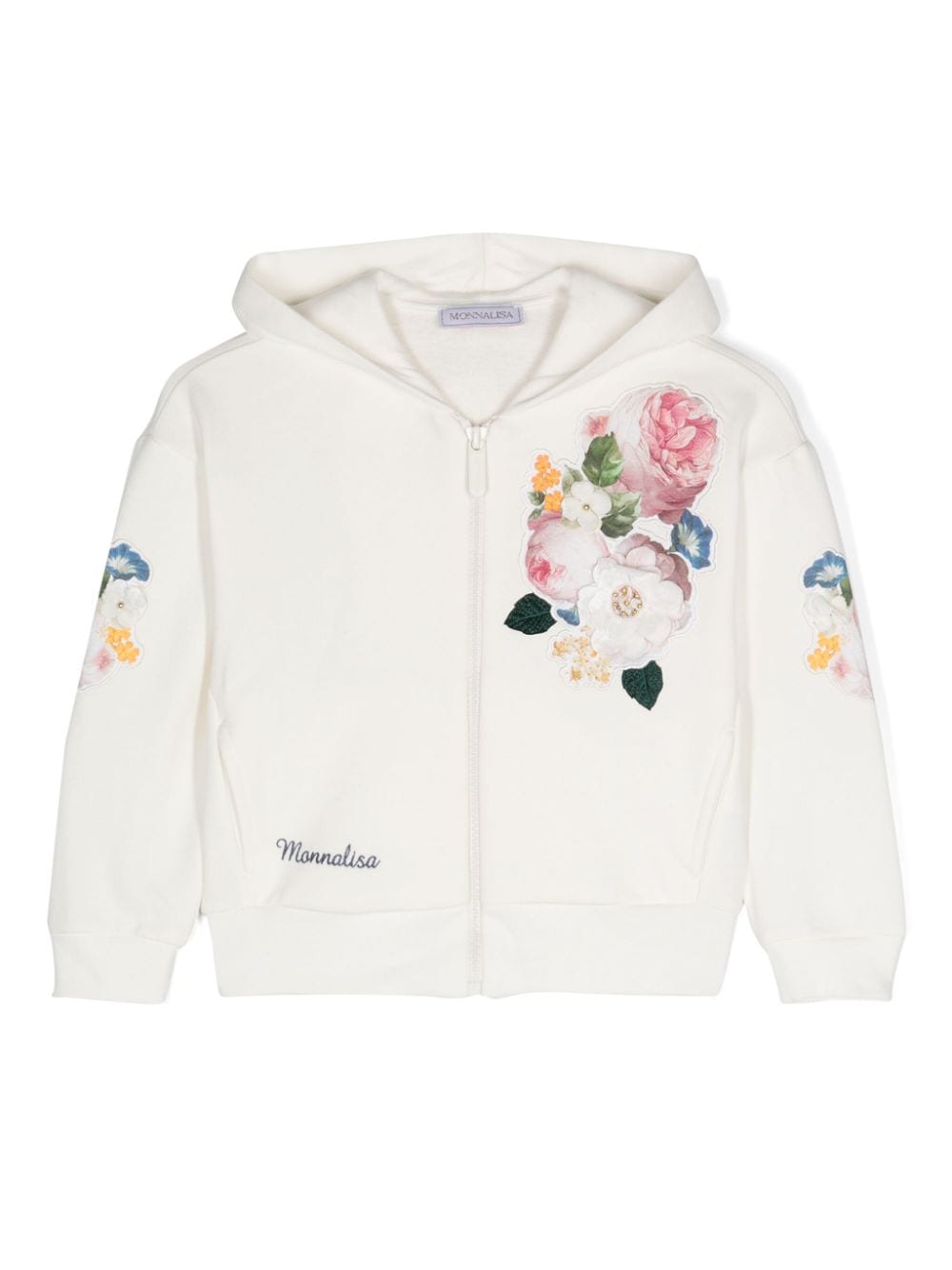 Monnalisa Kids' Floral-patches Zipped Hoodie In White