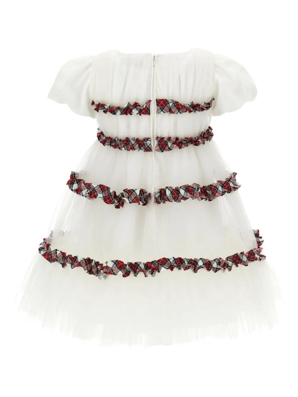 Monnalisa Tartan Pleated Tulle Dress With Ruffles In White